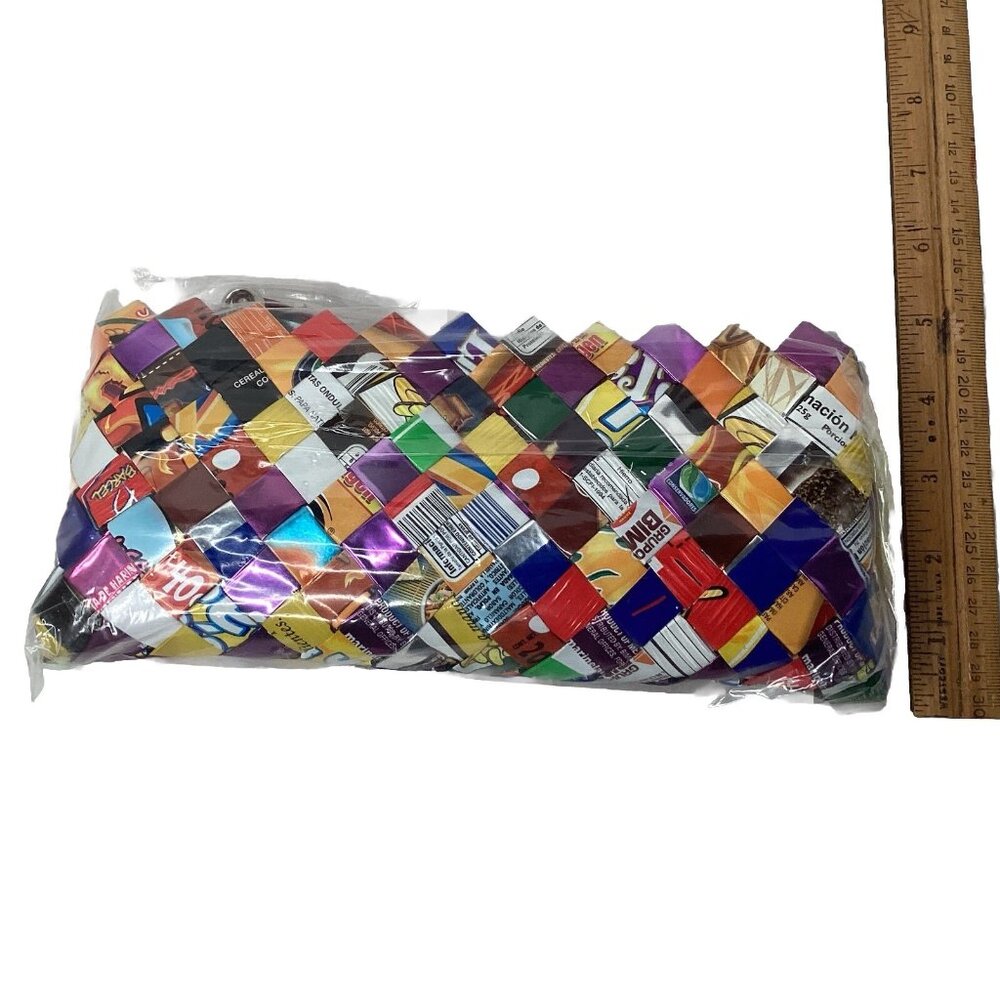Nahui Ollin Woven Candy Wrapper Wristlet 10” Bag Clutch Purse Strap Multicolor - Picture 4 of 5